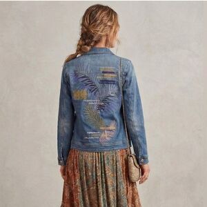 Chico's Tropical Embroidered Denim Jacket Small Blue Floral Boho Jean Coat